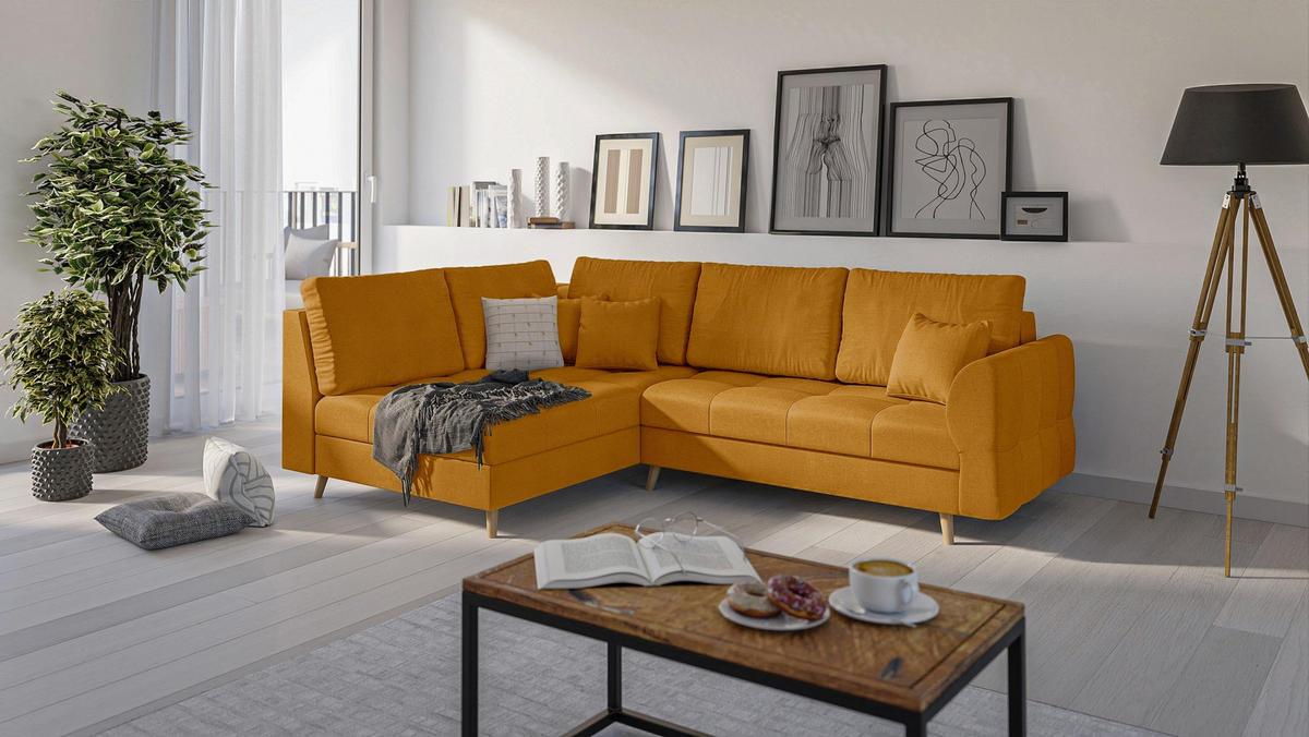 ECKSOFA MIT HOCKER Lorine Mikrofaser Gelb - Hellbraun/Gelb, Buchenholz/Textil (231/161cm) - S-Style Möbel