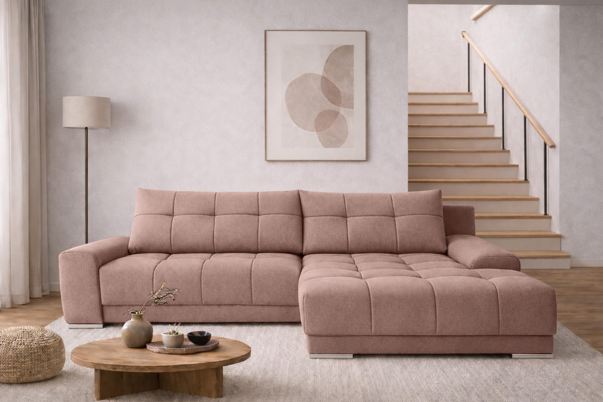 ECKSOFA WAVE Mit Schlaffunktion, Stoff SORO, Rosa Rechts - Rosa, Holz (281/105cm) - Kaiser Möbel