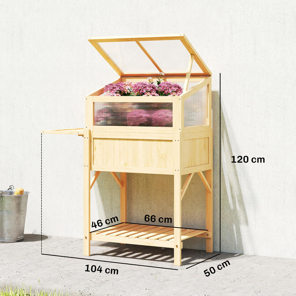 HOCHBEET mit Frühbeetaufsatz aus Holz Pflanzkasten mit Gewächshaus Seitentisch - Naturfarben, Holz (50/120/104cm) - Outsunny