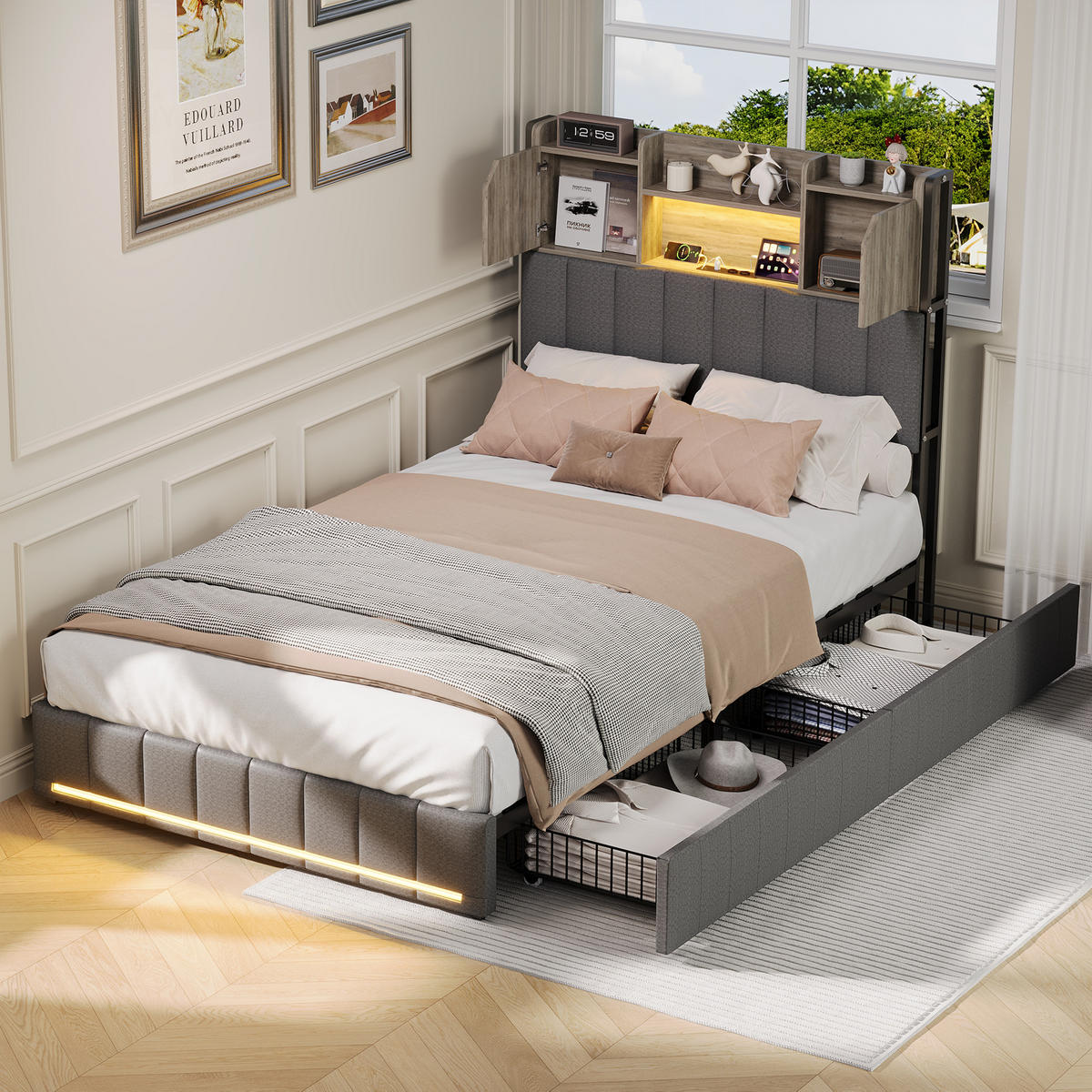 POLSTERBETT 90x200 cm Grau LED USB 2 Schubladen Kopfteil - Schwarz, Holz (90/200cm) - SHOPENTRA