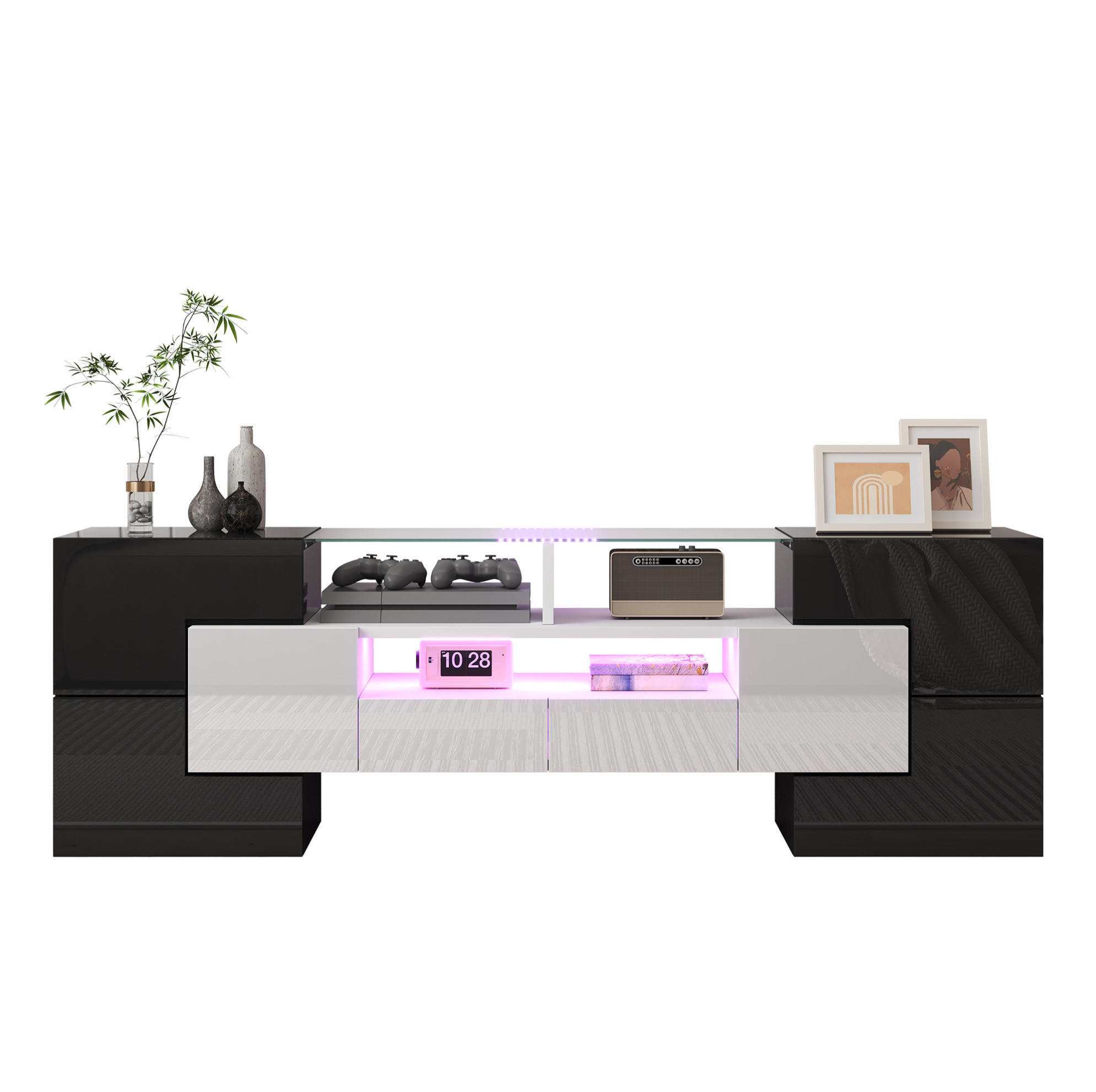 TV stolek 145/30/51 cm s LED osvětlením a velkým úložným prostorem, Bílá/černá - bílá, kompozitní dřevo (145/51/30cm) - Redom