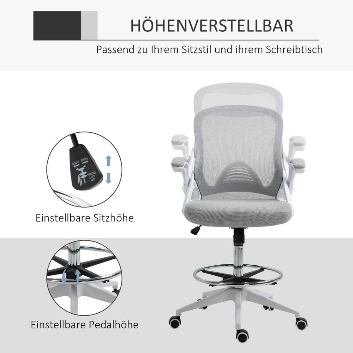 DREHSTÜHLE Netzstoff Fußring Wippfunktion Hellgrau - Grau, Metall (60/126/64cm) - SHOPENTRA