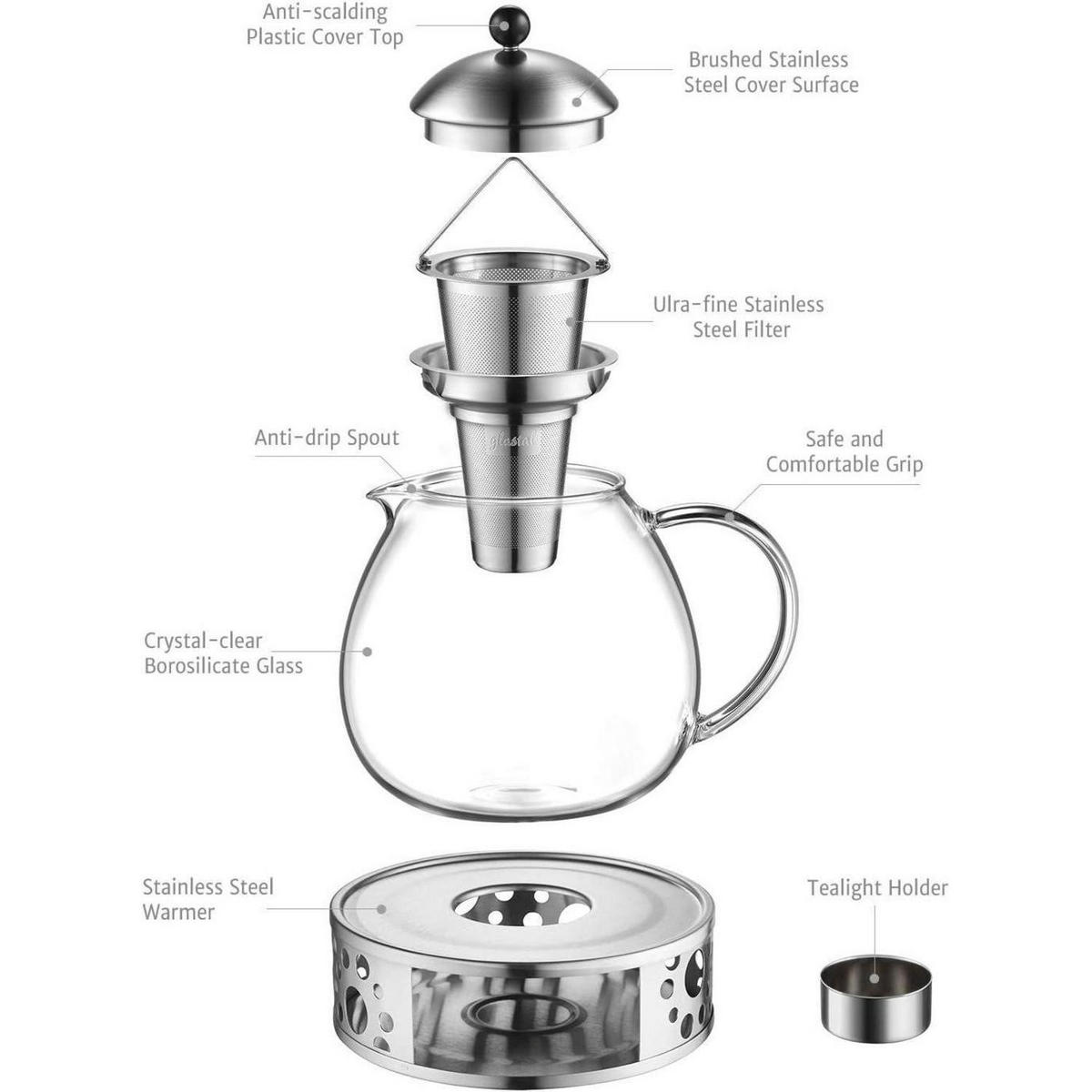 TEEKANNE mit Stövchen 1500ml Glas Edelstahl Silber - Transparent, Glas (19/19cm)