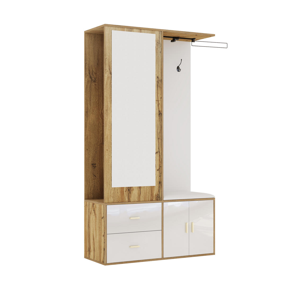 SCHUHSCHRANK aus Spanplatte 100x38x180cm in Weiß & Natur mit Spiegel - Naturfarben, Holzwerkstoff (100/180/38cm) - Modfu