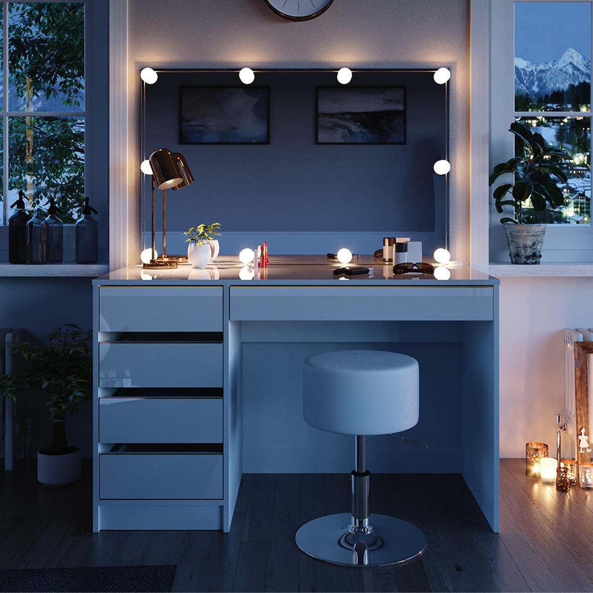 SCHMINKTISCH Sherry Weiß/Gold 120 cm mit LED Beleuchtung und Hocker - Goldfarben/Weiß, Holzwerkstoff (120/75/55cm) - Vicco