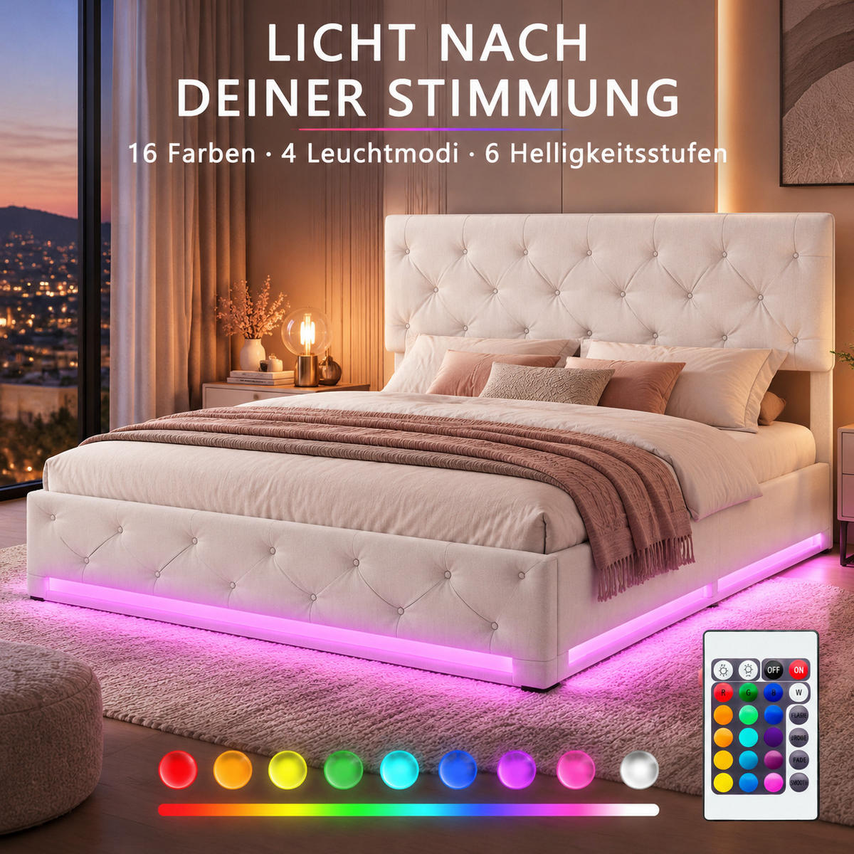 POLSTERBETT 160/200 cm mit Hydraulik-Stauraum & LED-Beleuchtung - Beige, Holz/Metall (160/200cm) - Joyfair