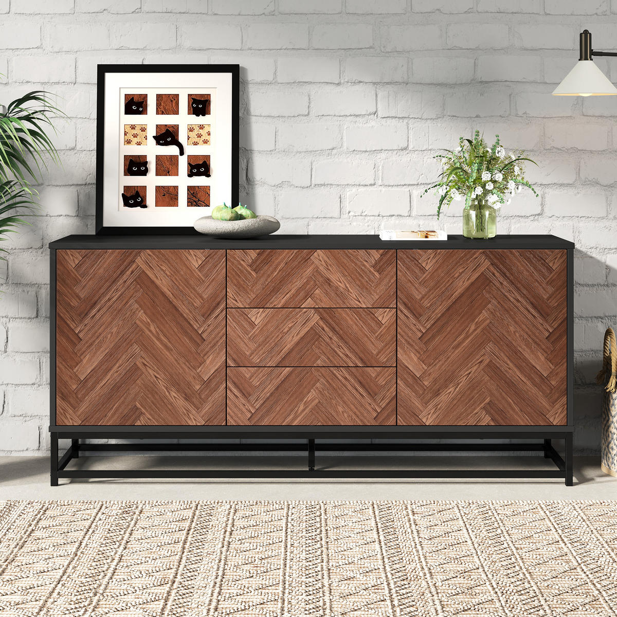 SIDEBOARD aus Spanplatte und Metall 145x40x67 cm Eichefarben-Schwarz mit 3 Schubladen, 2 Türen und verstellbaren Einlegeböden - Schwarz, Metall (145/67/40cm) - Modfu