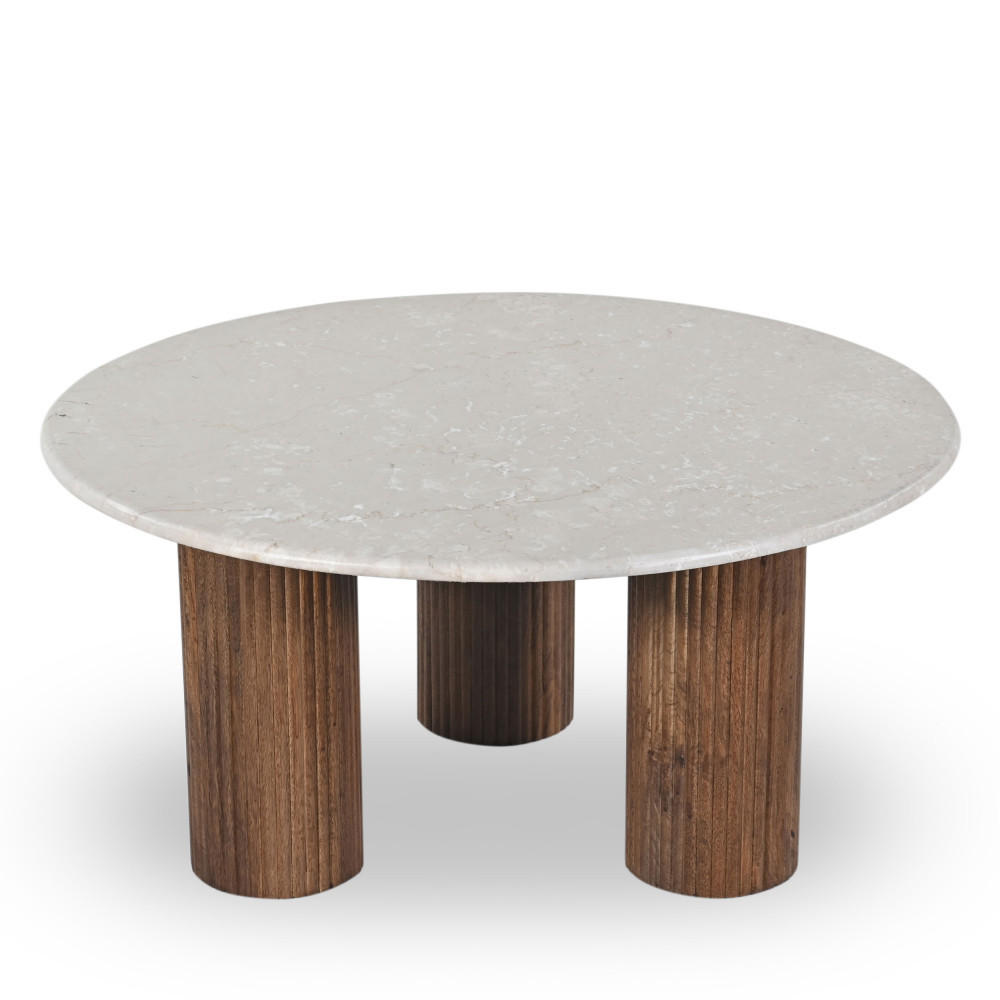 COUCHTISCH aus Marmor und Massivholz ø80cm - SULA - color_white_ivory - Ecru, Stein (80/80/38cm) - Drawer