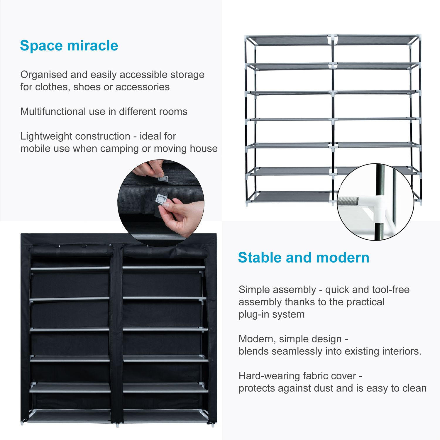 Thumbnail - Intirilife Stoffschrank, Schwarz, Textil, 30x115x116 cm, Schlafzimmer, Kleiderschränke, Stoffschrank