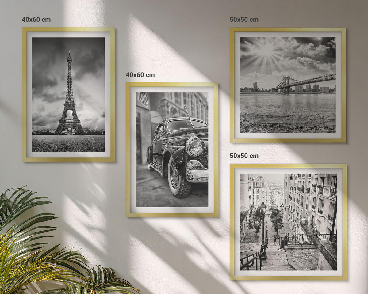 BILDER SET 4er Set - 50x50 cm & 40x60 cm Goldrahmen - Stadtansichten, Brücken, Eiffelturm, Auto - Goldfarben, Kunststoff (50/50cm) - TULUP
