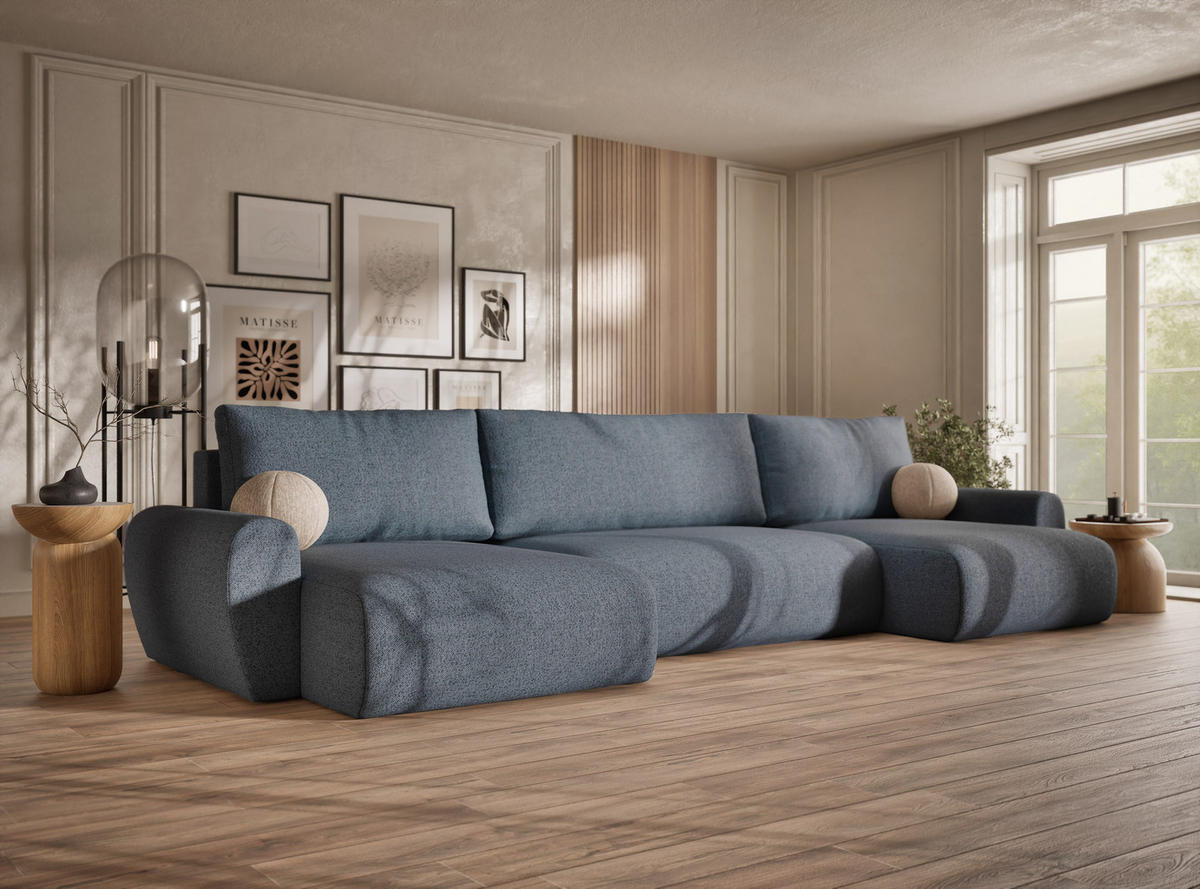 WOHNLANDSCHAFT MIT SCHLAFFUNKTION Numba Blau Grau Webstoff - Blaugrau/Schwarz, Holz/Holzwerkstoff (397/70/153cm) - Maison de Reve