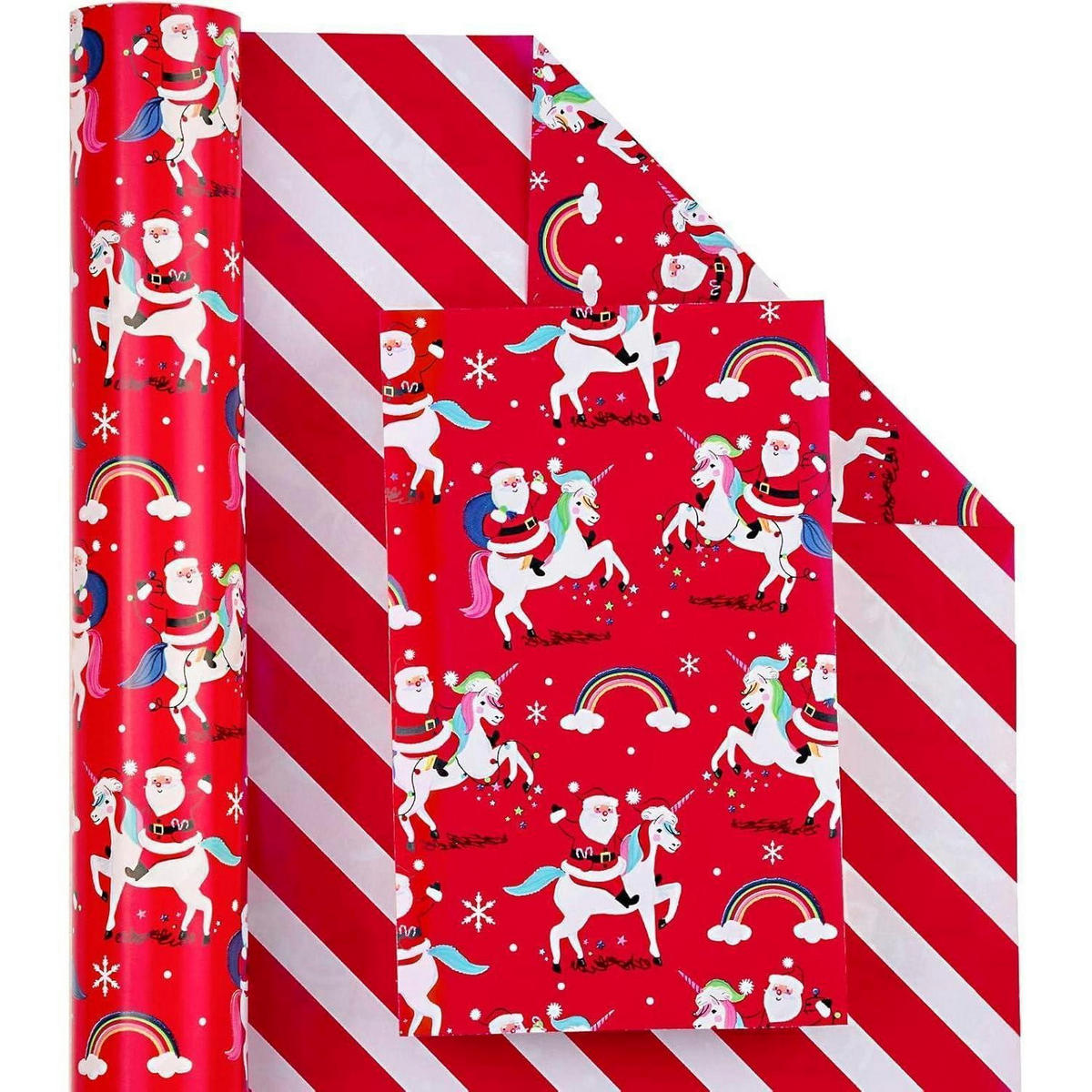 GESCHENKPAPIER Wendbar 43,2 cm x 10 m Weihnachtsmann Einhorn Streifen - Multicolor, Papier (4/44/4cm)