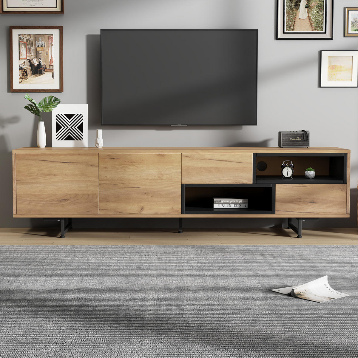 TV-LOWBOARD aus Spanplatte 173x38x48 cm Holzfarben mit Stauraum, Kabeldurchlass und offenen Fächern - Naturfarben, Holzwerkstoff (173/48/38cm) - Modfu