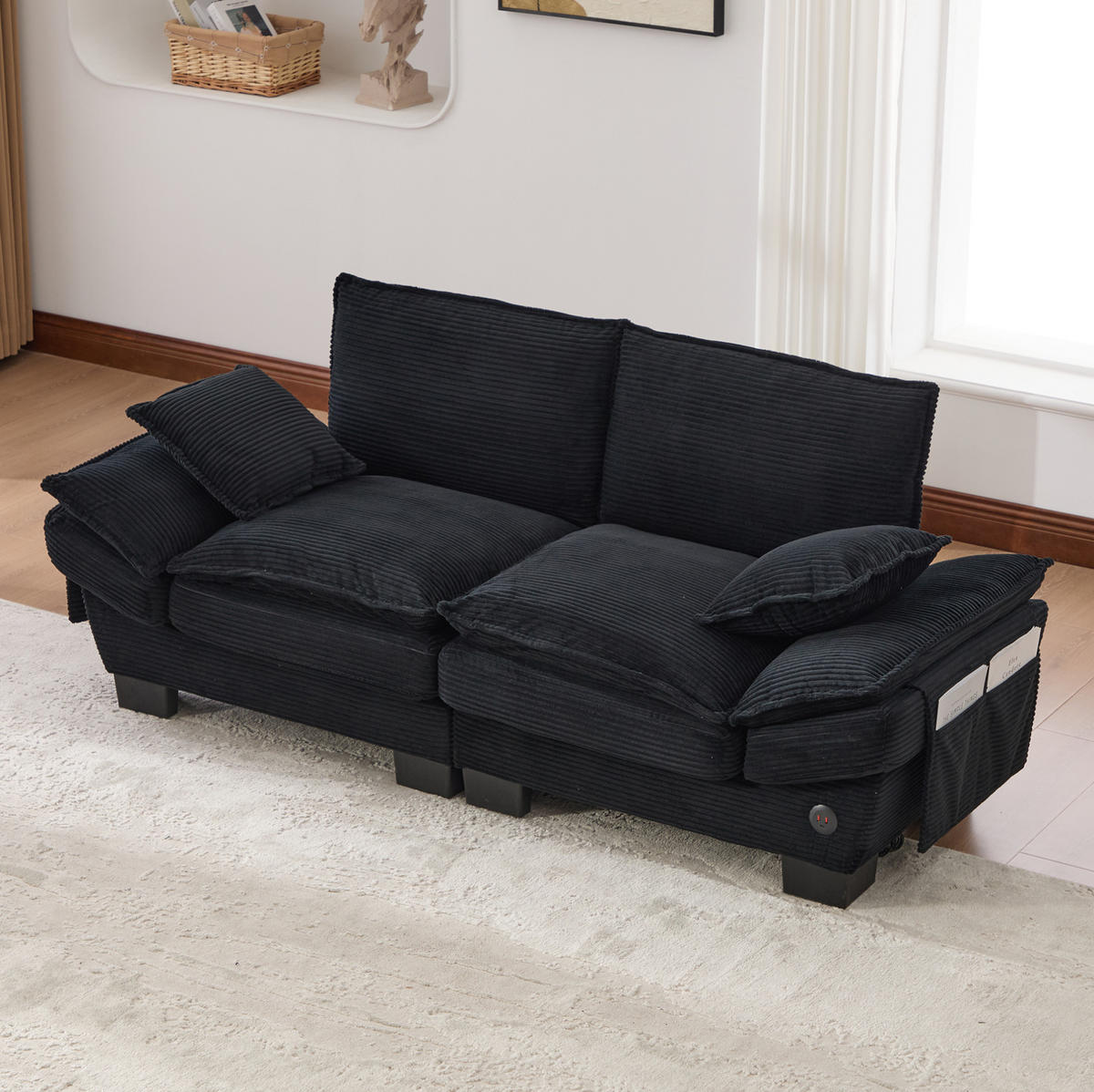 2-SITZER Sofa aus Cord 190x73x84 cm in Schwarz mit USB-C & Seitentaschen - Schwarz, Textil (73/84/190cm) - Modfu