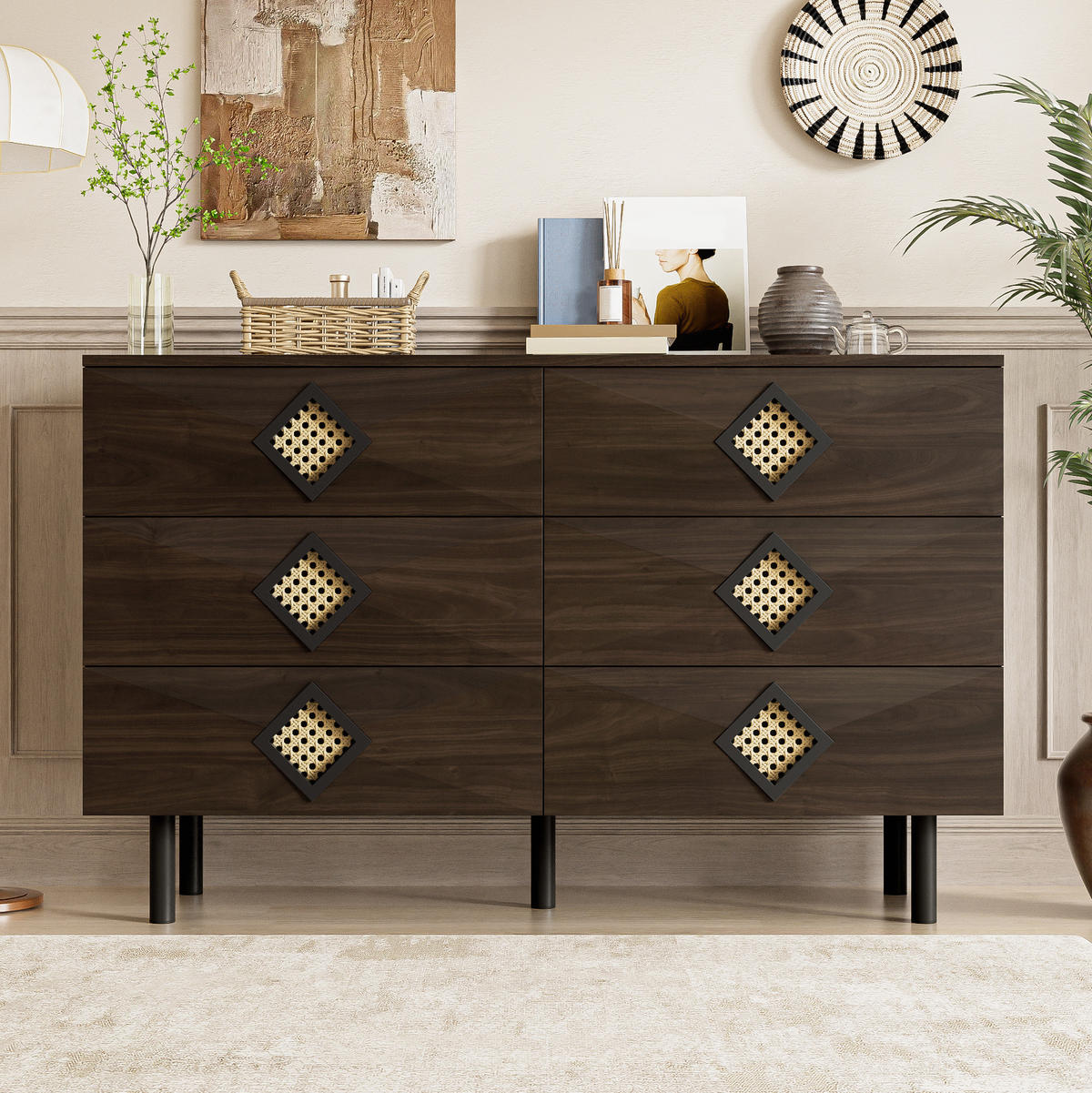 KOMMODE, 6 Schubladen, mit Rattan-Griffen und Metallbeinen – geräumig & modern, 120x40x74 cm, Walnussfarben - Naturfarben, Holzwerkstoff (40/74/120cm) - Modfu