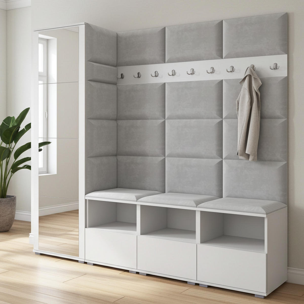 GARDEROBE NELA IX 200 cm (Modulare Flurmöbel Weiß mit Spiegel & Sitzpolster Hellgrau 32 Breite Sitzbank) - Silberfarben/Hellgrau, Holz/Holzwerkstoff (200/187/40cm) - Ravio