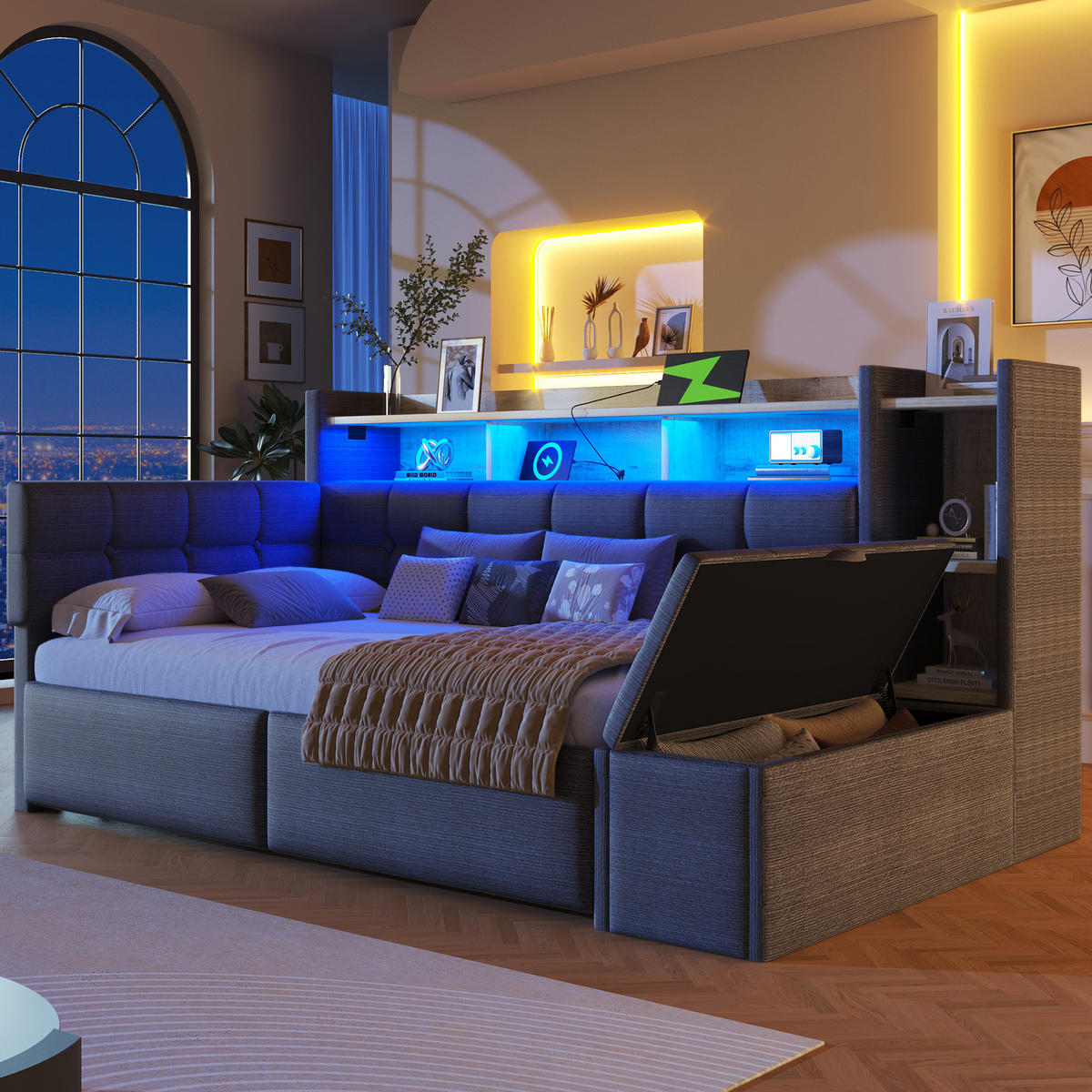 TAGEBETT 90x190cm Dunkelgrau Samt 2 Schubladen USB LED-Licht - Dunkelgrau, Holz (90/190cm) - FLIEKS