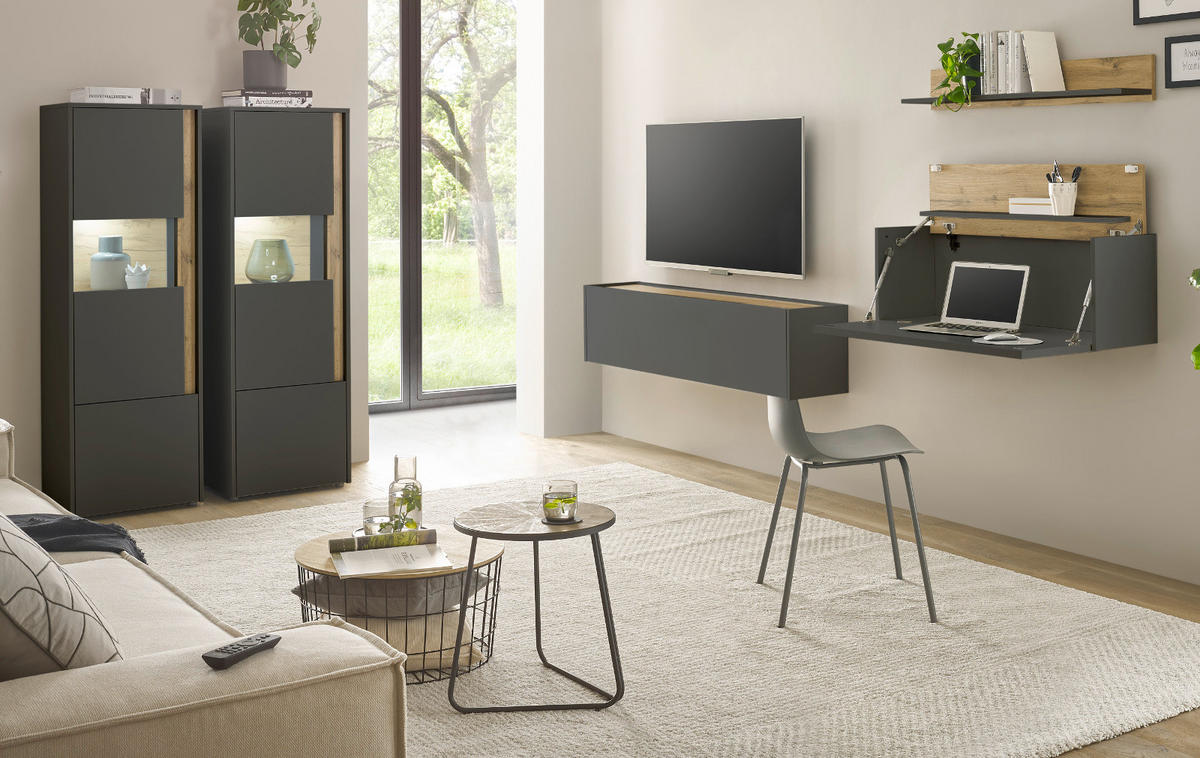WOHNWAND grau matt, Eiche Wotan 410 cm, Wohnkombination mit Sekretär - Eiche Wotan/Grau, Holzwerkstoff/Kunststoff (410/170/40cm) - Furn.Design