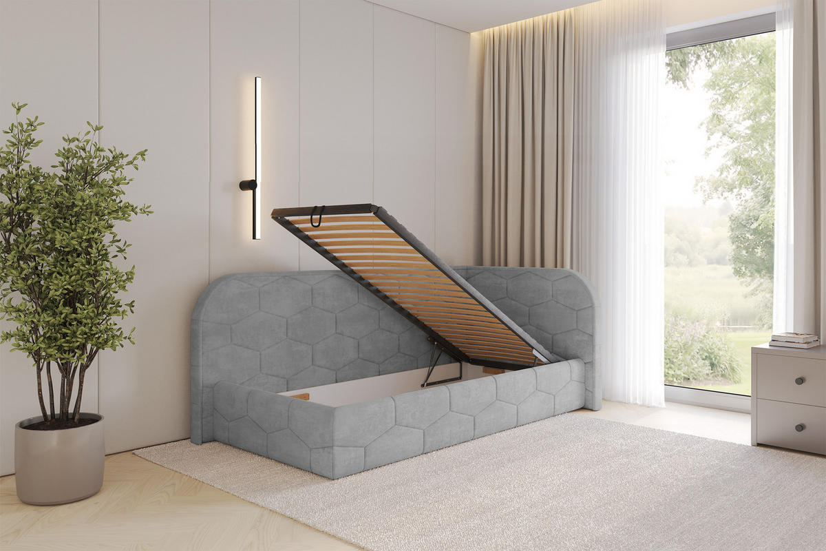 EINZELLBETT Jugendbett mit Bettkasten und Matratze H3/H4, Links - JAXY 90x200 Grau - Hellgrau, Holzwerkstoff/Textil (90/200cm) - ALTDECOR