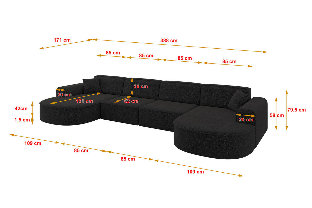 WOHNLANDSCHAFT MARI-U2 - 388x171x79 cm Schwarz Tissu - Schwarz, Holzwerkstoff/Kunststoff (388/79/171cm) - ALTDECOR