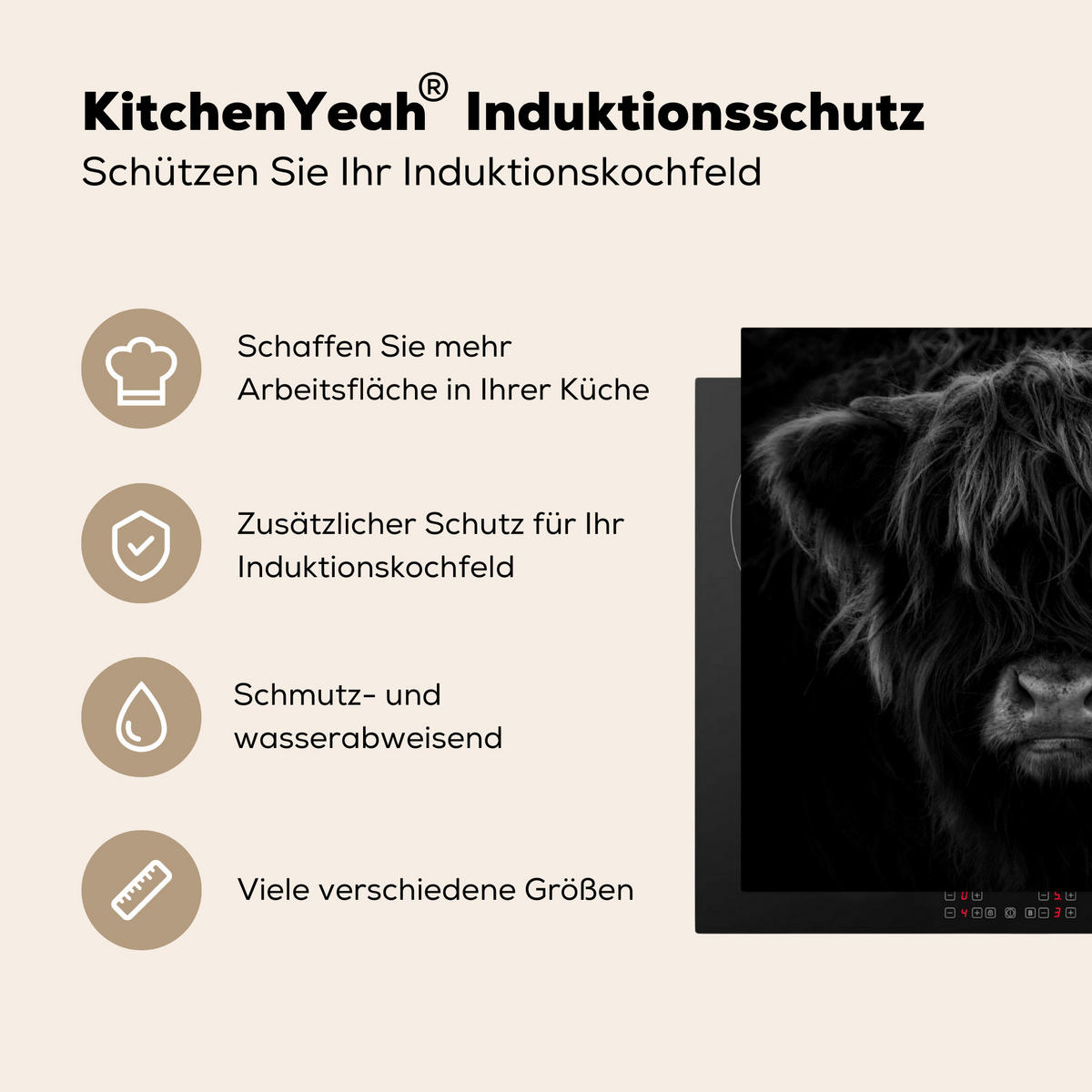 HERDABDECKPLATTE Schottischer Highlander - Kuh - Schwarz - Weiß - Tiere Abdeckung Ceranfeld 58.3x51.3 cm - Schwarz, Kunststoff (58.3/51.3/0.2cm) - MuchoWow