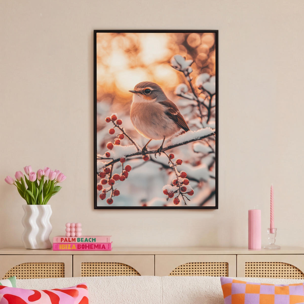 LEINWAND Bilder mit Rahmen - Vogel - Zweig - Winter - Tiere - Schnee - 60x90 - Bernsteinfarben, Textil (60/90cm) - MuchoWow