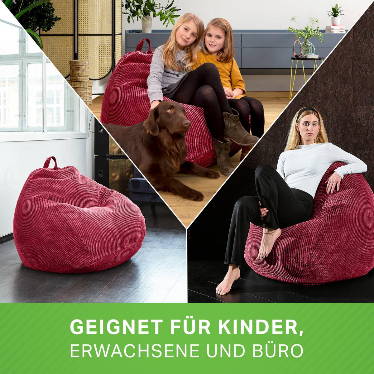 SITZSACK Indoor "Scoop" 90x110cm - Cord - Rot, Textil (90/110/90cm) - Green Bean