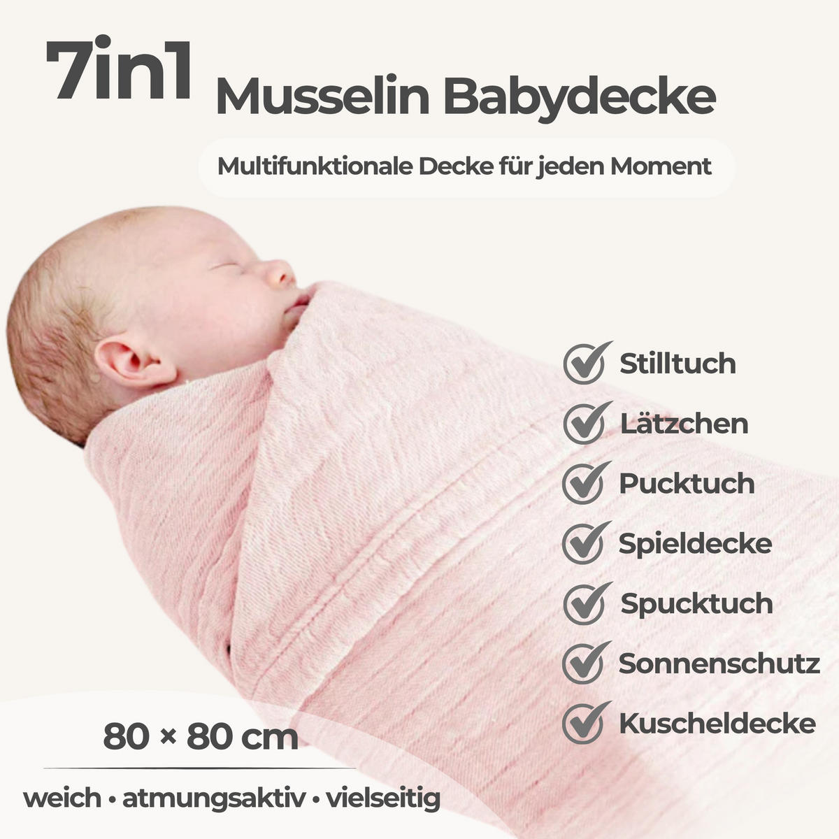 MUSSELINDECKE Babydecke Musselin Einschlagdecke Puckdecke Atmungsaktiv - Rosa, Textil (80/80cm) - nordic coast company