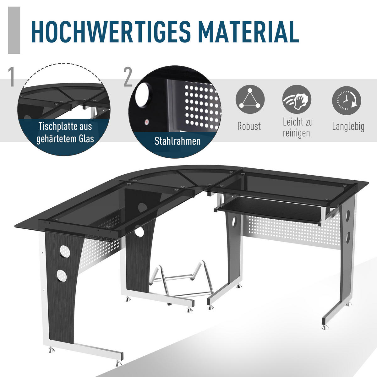 COMPUTERTISCH L-Form, MDF, Eisen Schwarz - Schwarz, Kunststoff (164/139/75cm) - HOMCOM