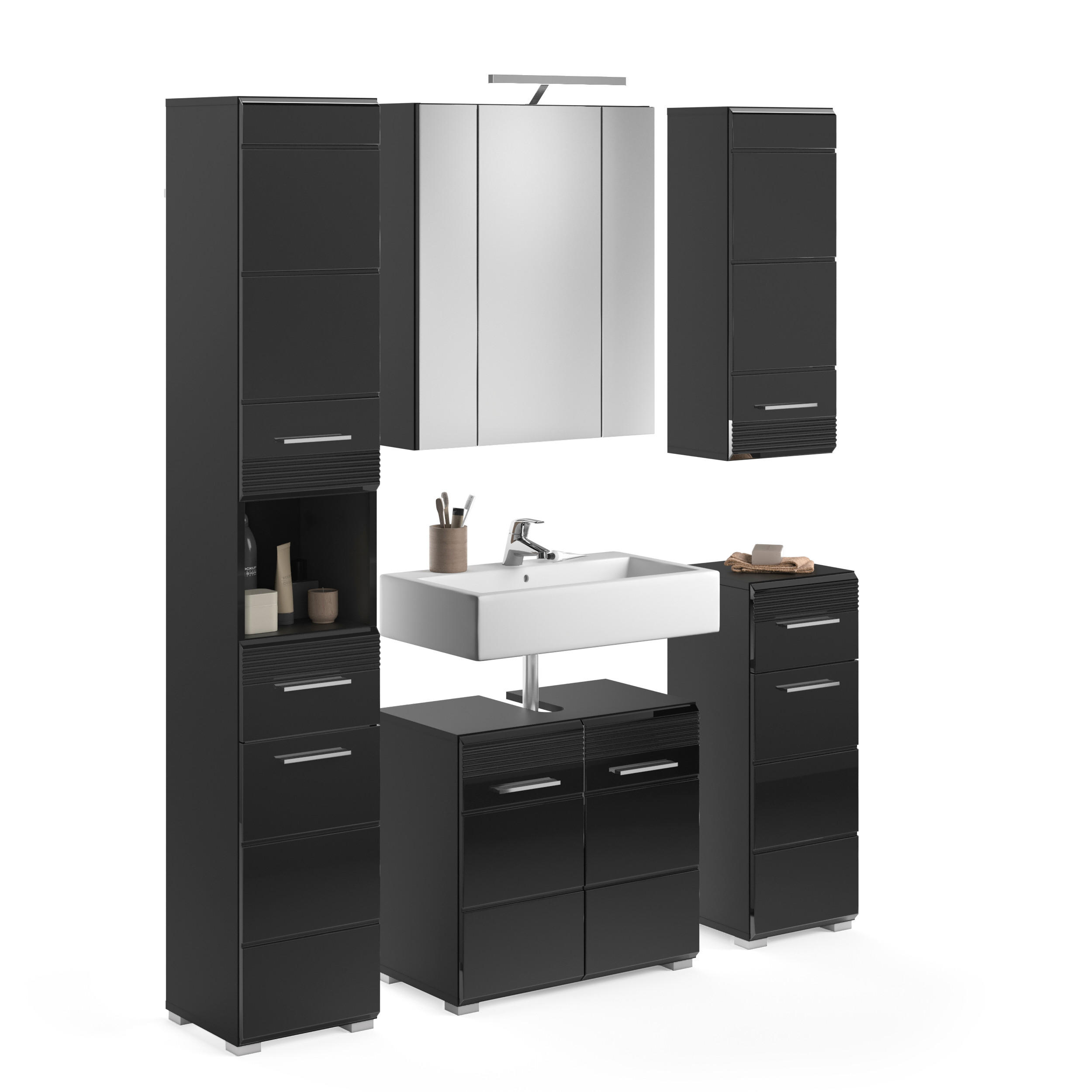 BADEZIMMER 5tlg. inkl. Beleuchtung Lino Bad in schwarz Nb. und schwarz HG B/H/T: 151x182x34 cm - Schwarz, Holz (151/182/34cm)