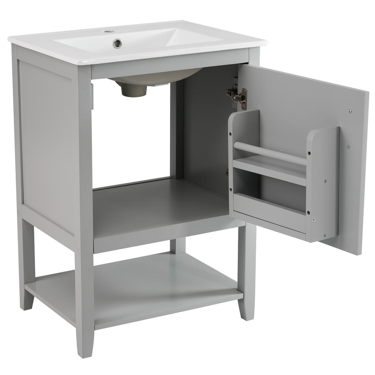 WASCHBECKENUNTERSCHRANK Badezimmerschrank mit Keramikwaschbecken,bodenstehend Stauraum wasserfest Anti-Rutsch - Grau, Holzwerkstoff (61/87/47cm) - EVRYAE