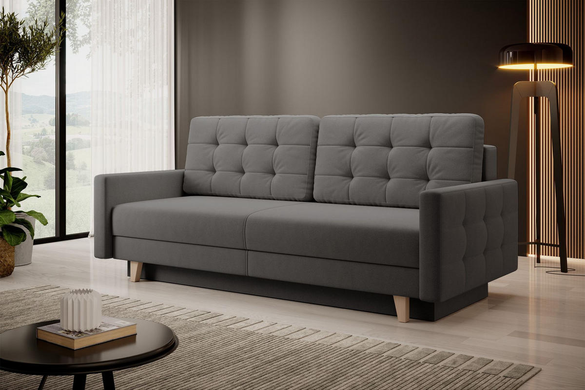 3-SITZER SOFA Verat Dunkelgrau Velours Easy-Clean - Eichefarben/Dunkelgrau, Holz/Textil (226/98/100cm) - Selsey