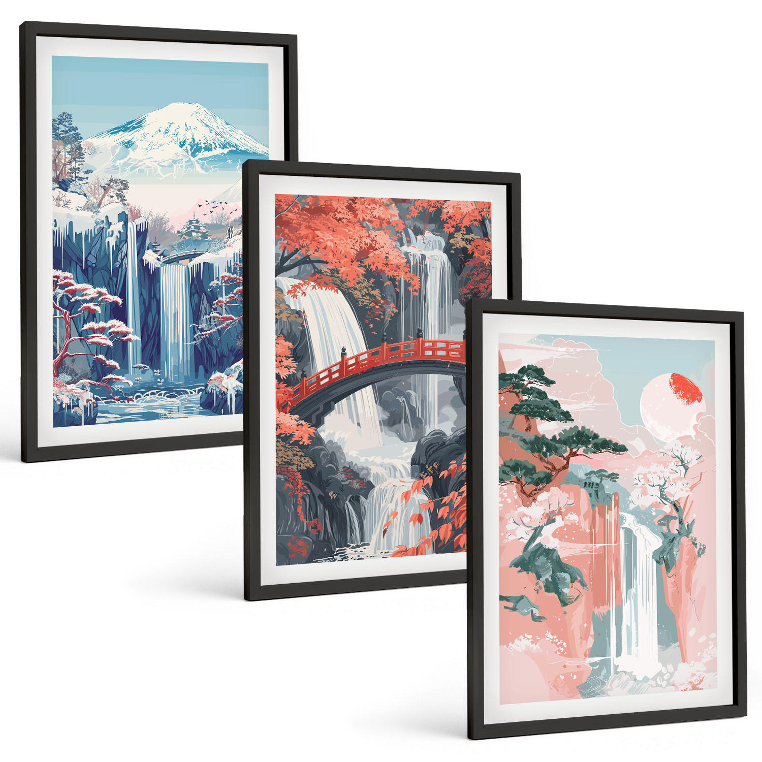 BILDER SET 3er Set - 40x60 cm Schwarzer Rahmen - Wasserfälle, Berge, Brücken, Bäume - Schwarz, Kunststoff (40/60cm) - TULUP