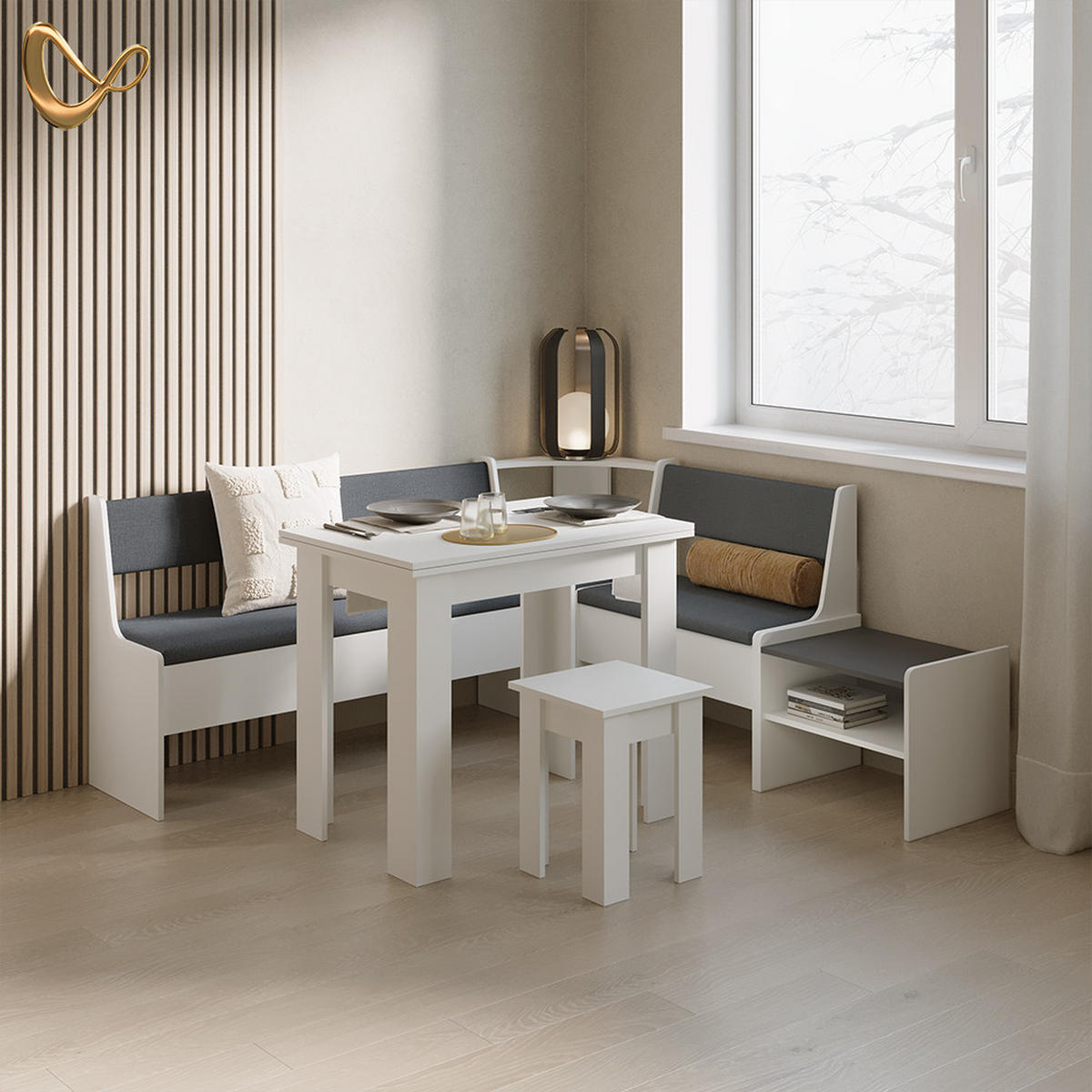 ECKBANKGRUPPE Tiberio Weiß 180 x 120 cm mit Tisch - Weiß, Holzwerkstoff (180/80/120cm) - Livinity®