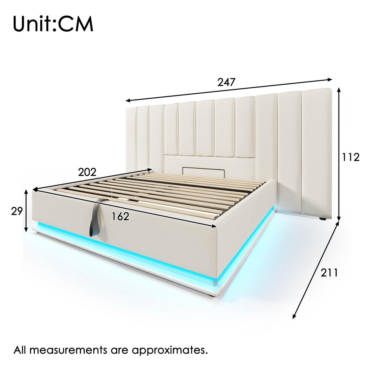 POLSTERBETT 160/200 cm mit LED-Beleuchtung, USB-C und hydraulischem Stauraum, PU,und Matratze, Weiß - Weiß, Textil (160/200cm) - Redom