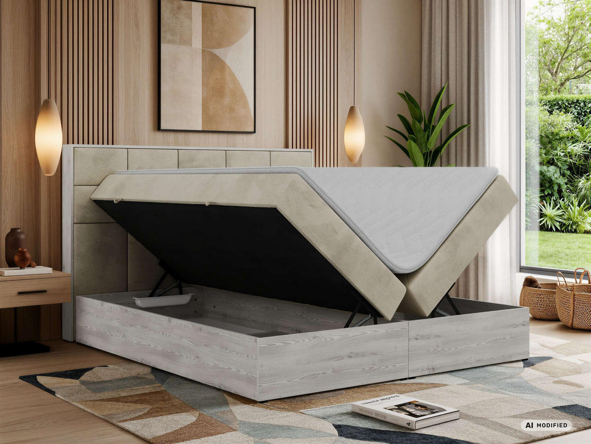 BOXSPRINGOVÁ POSTEĽ ALNOR 200/200 Béžová Samet - Topper Visco - H3 (stredne tvrdý) - čierna/béžová, textil/plast (200/200cm) - MKS
