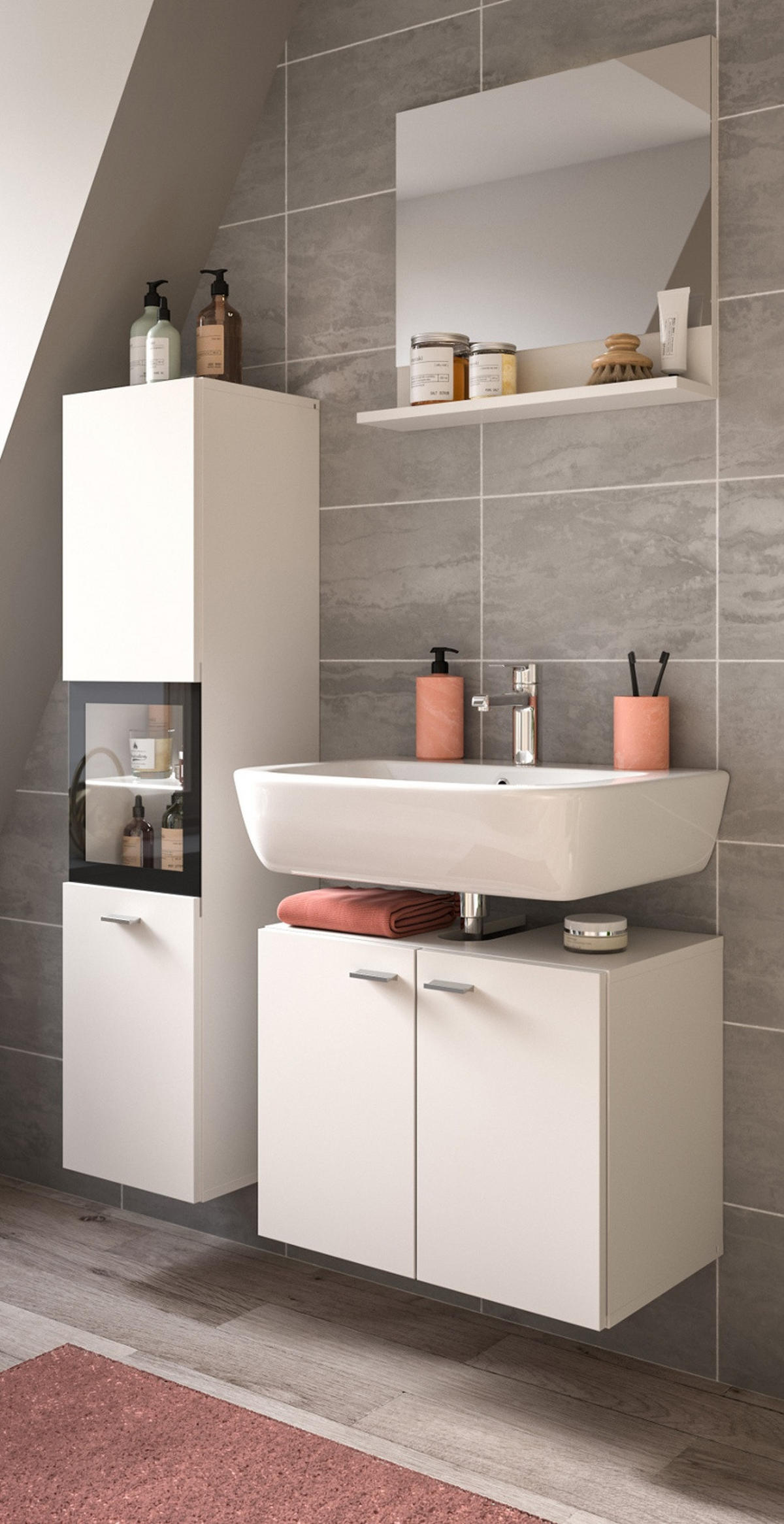 BADMÖBEL-SET weiß 3-teilig 100 cm, Kombination hängend oder stehend - Weiß, Glas/Holzwerkstoff (102/186/33cm) - Inn.Furn