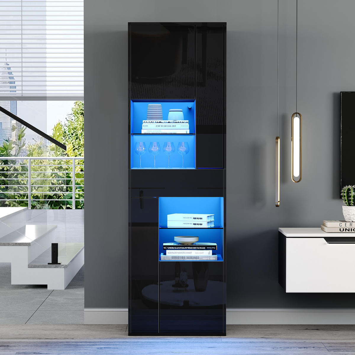VITRINE in Schwarz Verkaufsvitrine mit LED-Beleuchtung und 1 Schublade für Wohnzimmer, B55/T38/H170cm - Schwarz/Weiß, Glas/Holzwerkstoff (55/170/38cm) - STILVORA