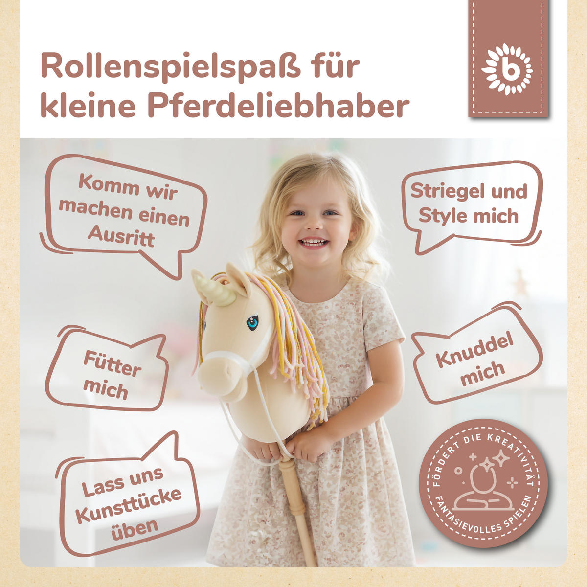 STECKENPFERD Einhorn Aurora aus Holz - Beige, Textil (33/92cm) - Bieco Spielwaren