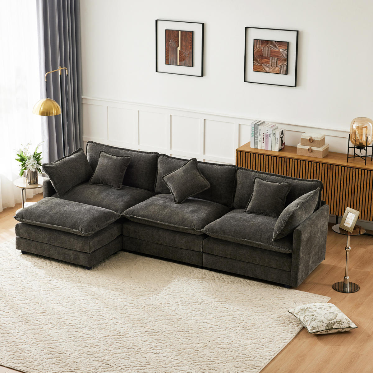 ECKSOFA 283/147/84 cm dunkelgrau aus Chenille mit Hocker - Dunkelgrau, Textil (147/84/283cm) - OKWISH