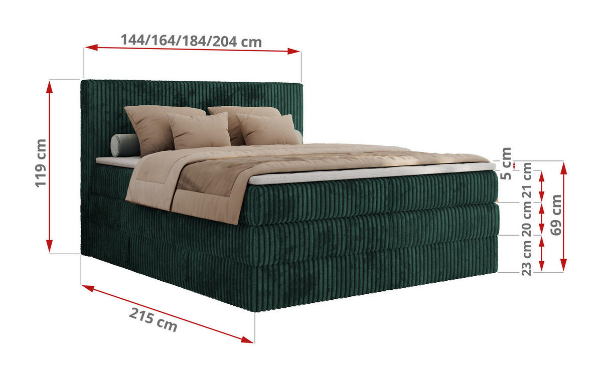 BOXSPRINGBETT TILIANO KING - 140/200 - Dunkelgrün Cord - H4 - Dunkelgrün, Holz/Textil (140/200cm) - MKS