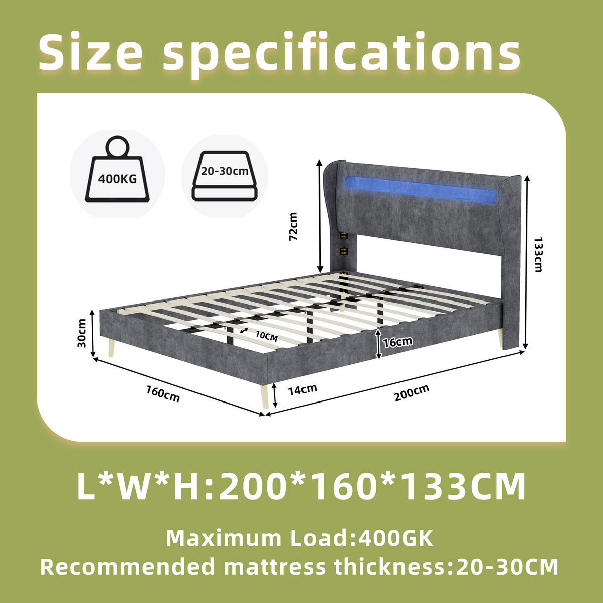 POLSTERBETT 160/200 cm DE-32987 mit LED-Kopfteil und Matratze Grau - Grau, Metall (160/200cm) - ComfortXL