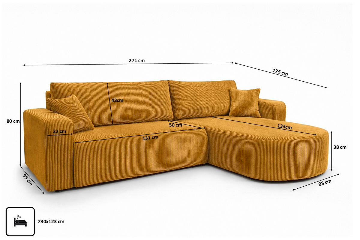 ECKSOFA Mit Schlaffunktion, Cordstoff Poso, Senffarbe, Rechts, ROUND ONE XL - Gelb, Holz (271/175cm) - Kaiser Möbel