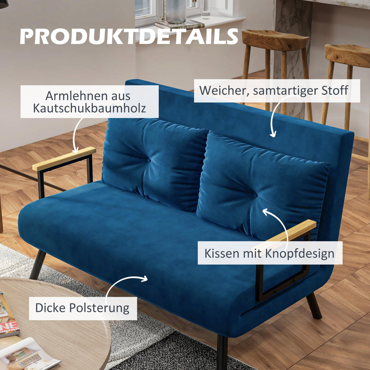 SCHLAFSOFA, Zweisitzer mit Bettfunktion, Schlafcouch mit Samtoptik, Rückenkissen - Blau/Schwarz, Holz/Textil (73/81/102cm) - HOMCOM