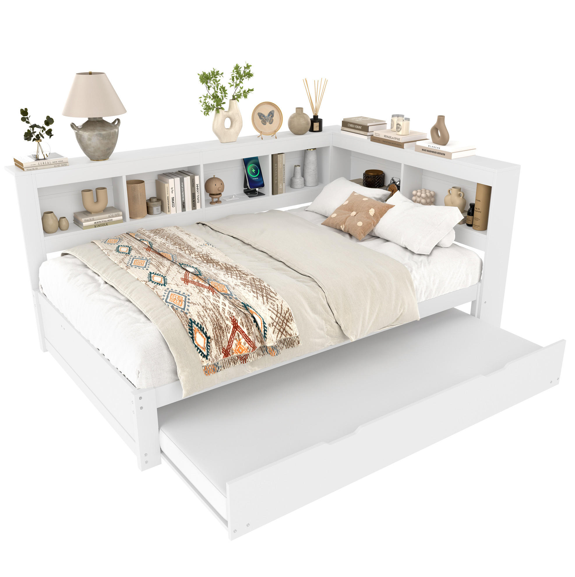 Modfu ROZKLÁDACÍ postel z MDF, borovicového dřeva a dřevotřísky 140x200 cm bílá s přistýlkou, USB a zásuvkou