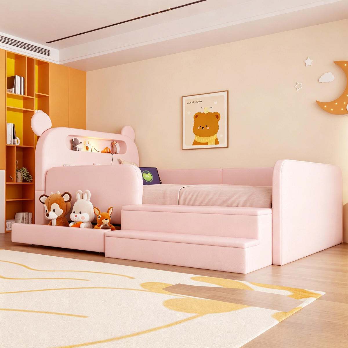 KINDERBETT 90x200cm Bärenkopfteil Nachtlicht Stauraum Rosa - Pink, Textil (90/200cm) - FLIEKS