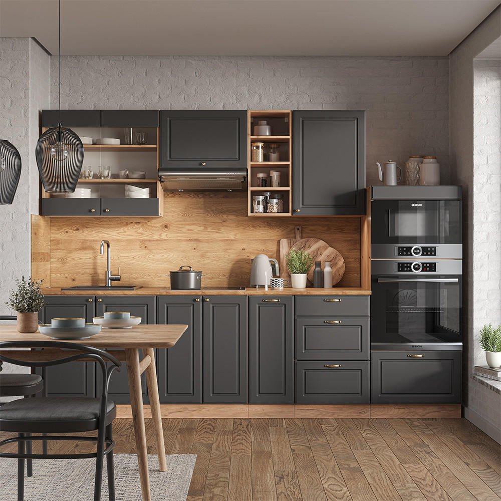 KÜCHENZEILE Fame-Line Anthrazit Landhaus/Goldkraft Eiche 280 cm AP Anthrazit - Honigeiche/Anthrazit, Holzwerkstoff (280/81.6/60cm) - Vicco