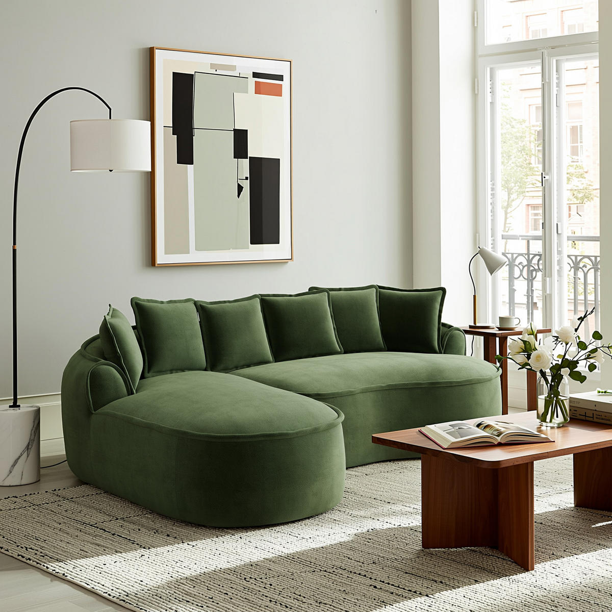 ECKSOFA chenille mit extra tiefer chaiselongue & rahmenlosem design - Grün, Textil (252/164cm) - Urban Meuble