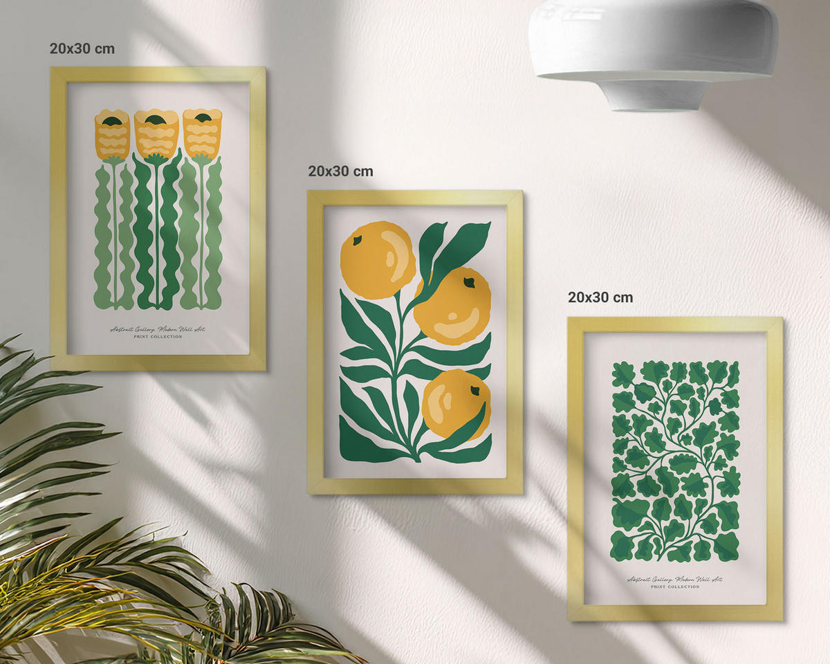 BILDER SET 3er Set - 20x30 cm Goldrahmen - Pflanzenmuster Blüten Blätter - Goldfarben, Kunststoff (20/30cm) - TULUP