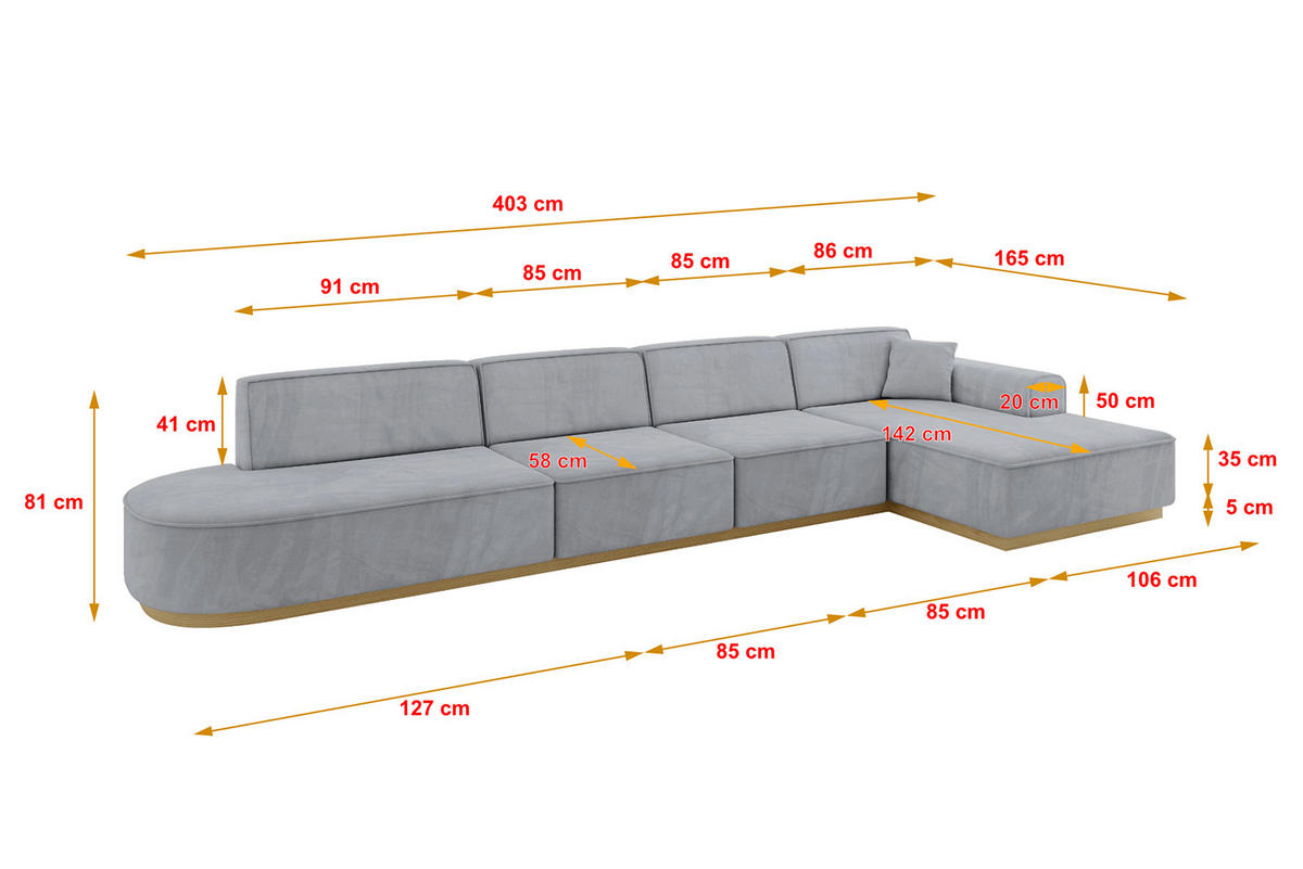 ECKSOFA Ottomane Rechts IREA-L3-v2 - 403x165x81 cm Grau - Grau, Holzwerkstoff/Textil (403/165cm) - ALTDECOR
